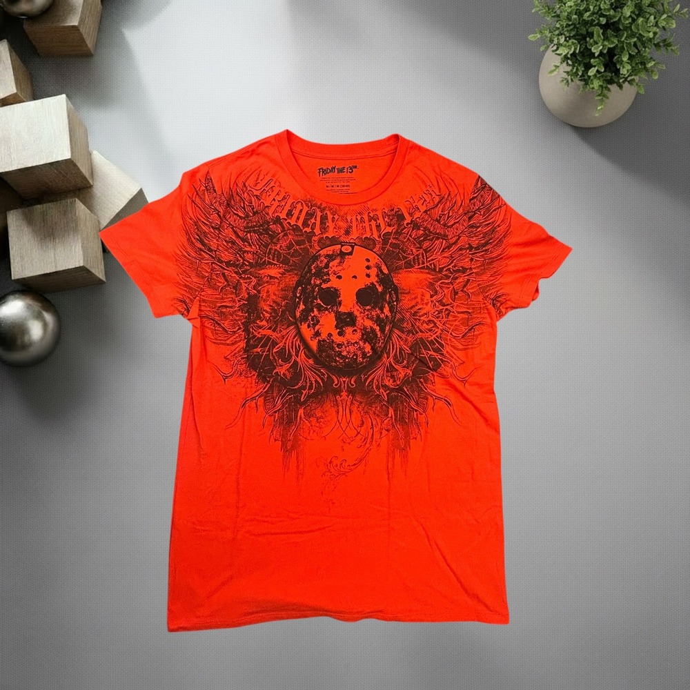 Friday the 13th Jason Voorhees Graphic Tee Shirt Orange Mens Medium Y2K Grunge